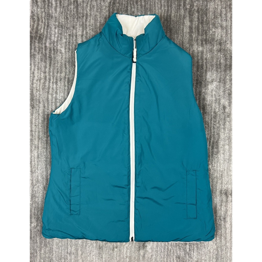 Merona Puffer Vest Womens Small Teal White Reversible Quilted Full Zip Mock Neck